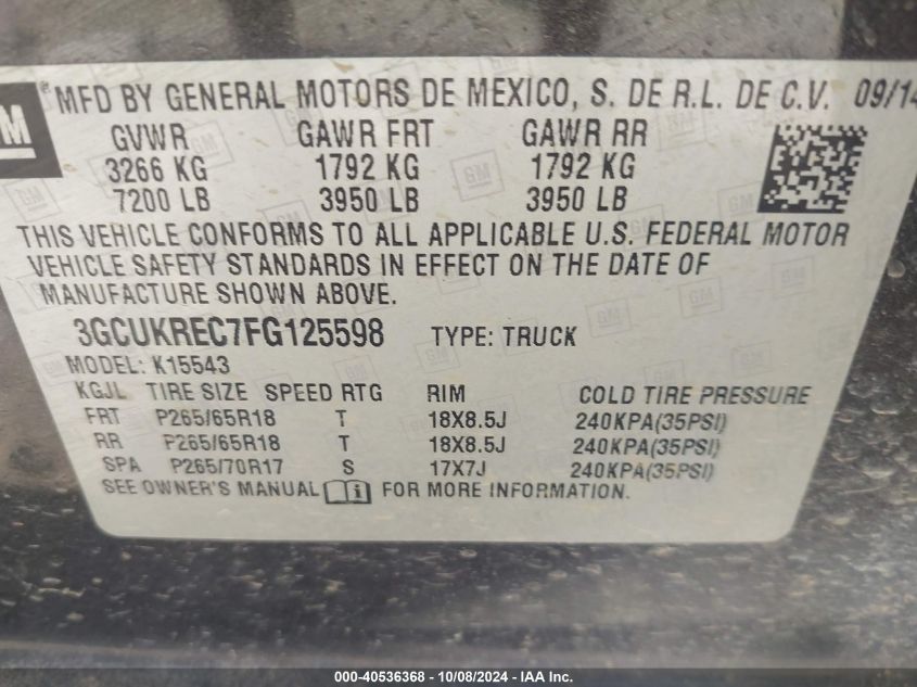 3GCUKREC7FG125598 2015 Chevrolet Silverado 1500 2Lt