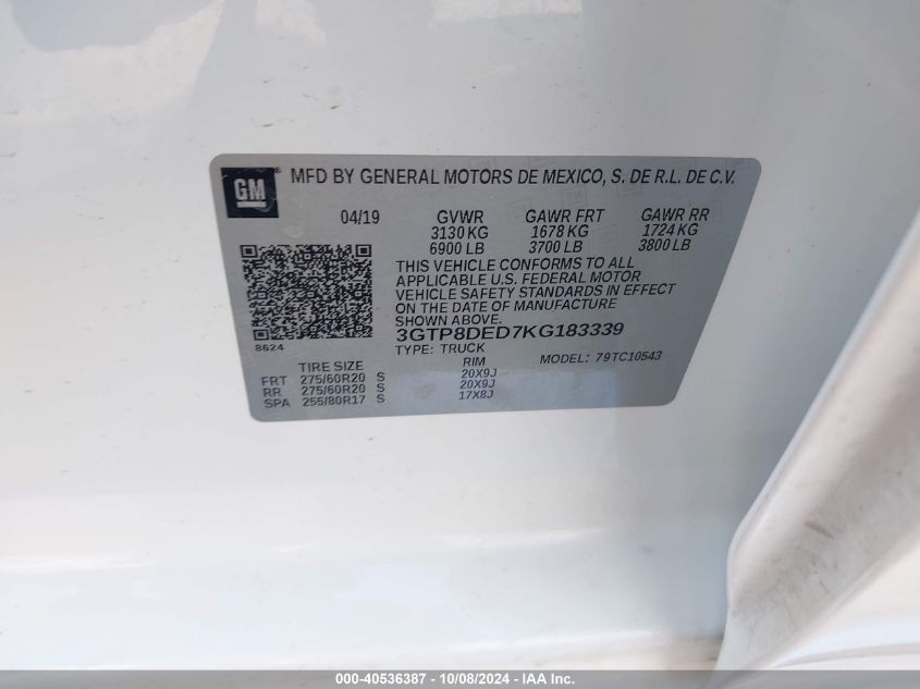 3GTP8DED7KG183339 2019 GMC Sierra 1500 Slt