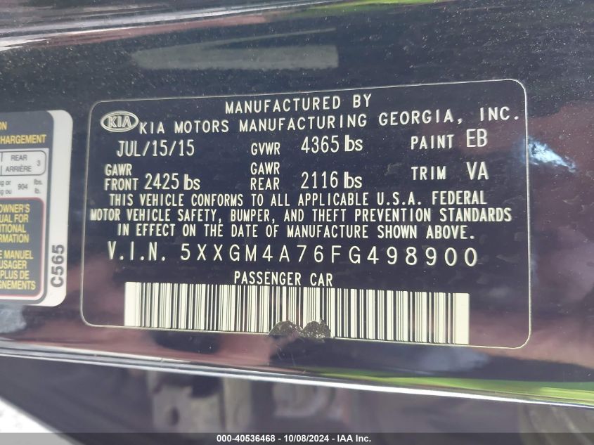 5XXGM4A76FG498900 2015 Kia Optima Lx