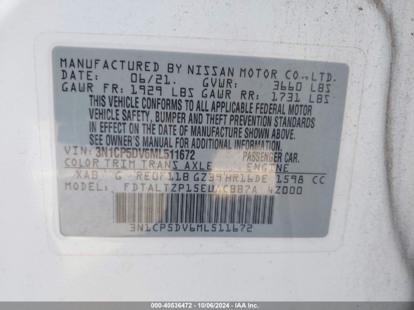 2021 Nissan Kicks Sr Xtronic Cvt VIN: 3N1CP5DV6ML511672 Lot: 40536472