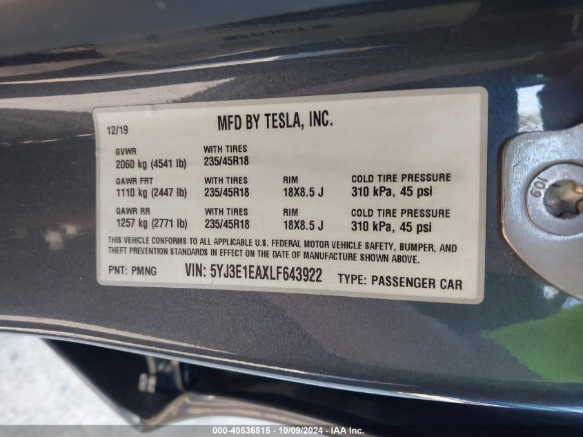 2020 Tesla Model 3 Standard Range Plus Rear-Wheel Drive/Standard Range Rear-Wheel Drive VIN: 5YJ3E1EAXLF643922 Lot: 40536515