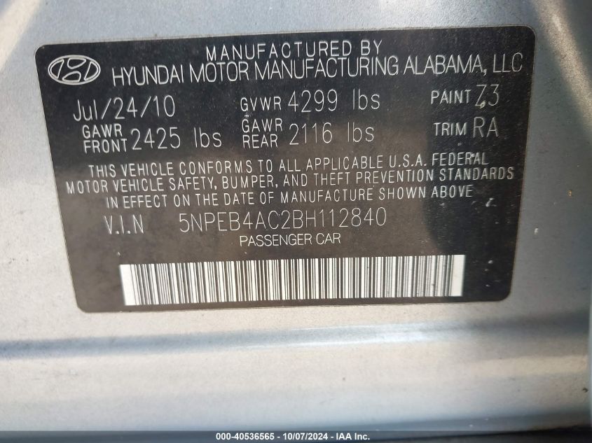 5NPEB4AC2BH112840 2011 Hyundai Sonata Gls