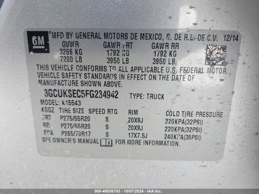 3GCUKSEC5FG234942 2015 Chevrolet Silverado 1500 1Lz