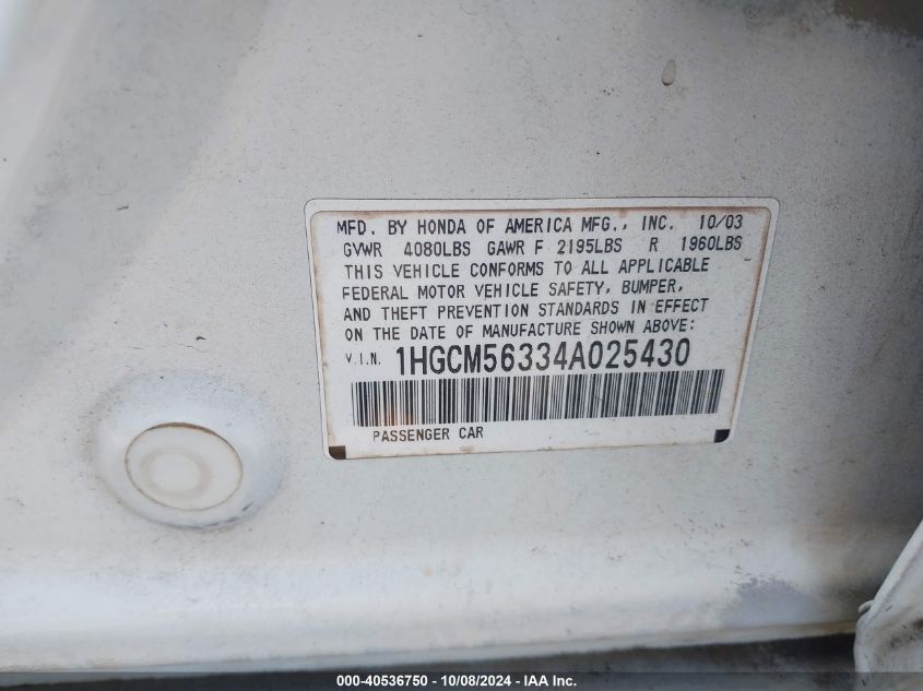 1HGCM56334A025430 2004 Honda Accord 2.4 Lx