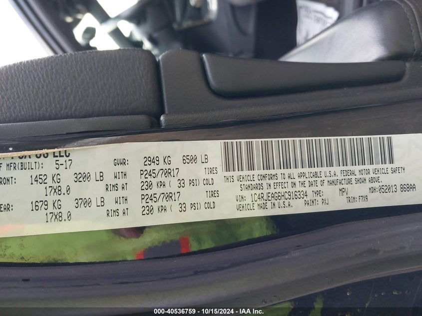 VIN 1C4RJEAG6HC916334 2017 JEEP GRAND CHEROKEE LAREDO 4X2