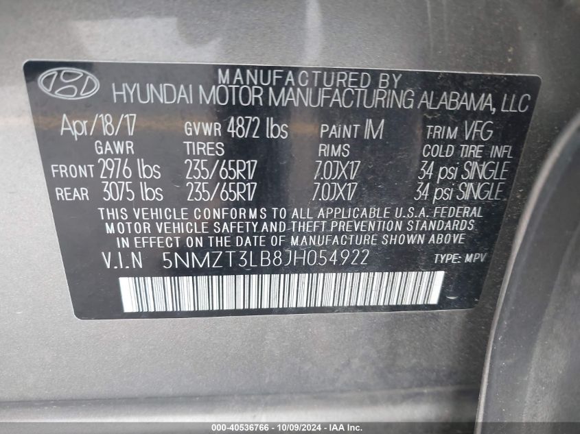 5NMZT3LB8JH054922 2018 Hyundai Santa Fe Sport