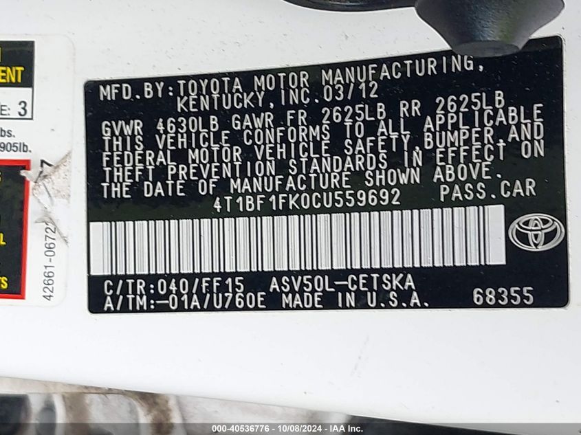 4T1BF1FK0CU559692 2012 Toyota Camry Se