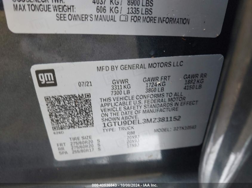 1GTU9DEL3MZ381152 2021 GMC Sierra K1500 Slt