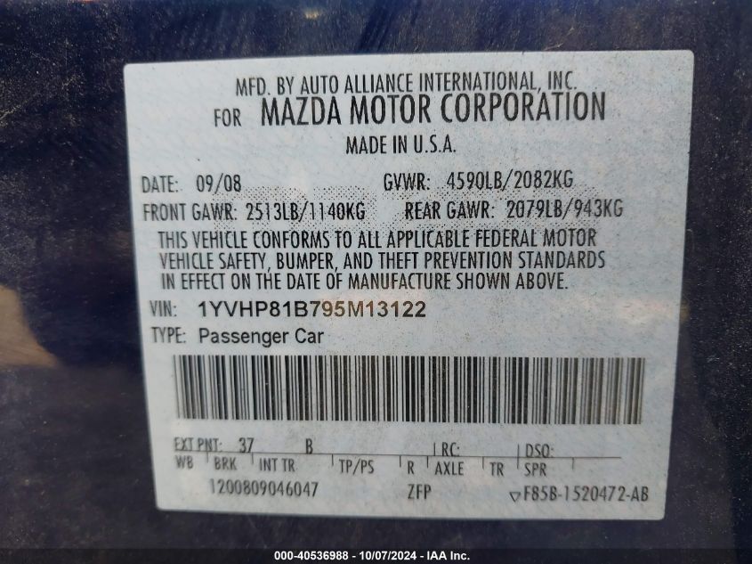 1YVHP81B795M13122 2009 Mazda Mazda6 S Sport