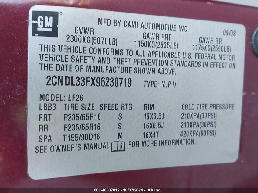 2CNDL33FX96230719 2009 Chevrolet Equinox Lt