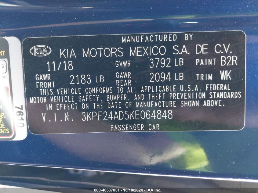 2019 Kia Forte Fe/Lx/Lxs VIN: 3KPF24AD5KE064848 Lot: 40537051