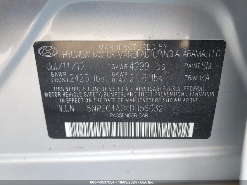 5NPEC4AC4DH560321 2013 Hyundai Sonata Limited