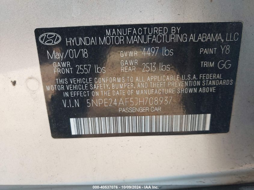 5NPE24AF5JH708937 2018 Hyundai Sonata Se