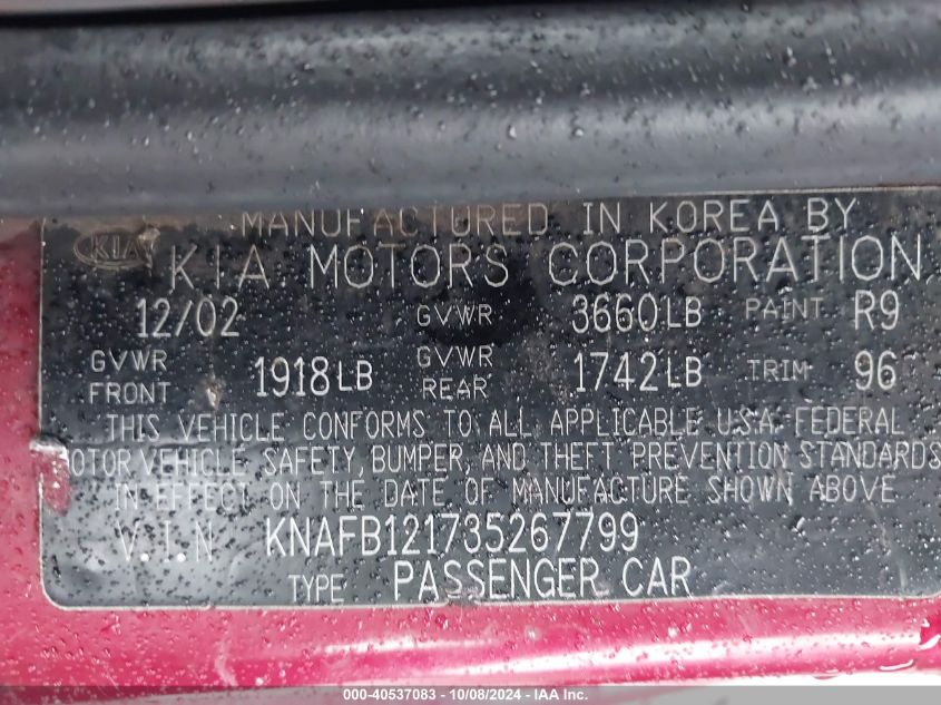 KNAFB121735267799 2003 Kia Spectra Ls