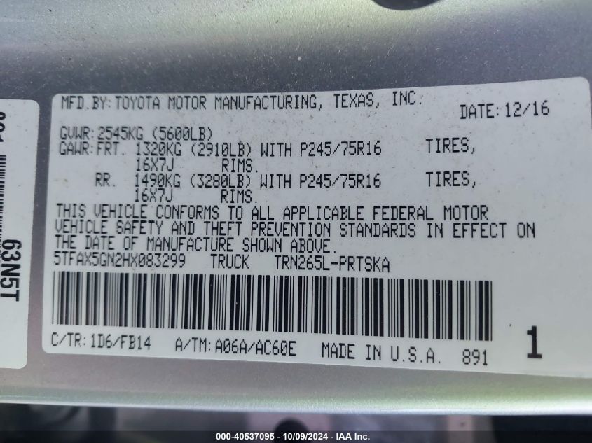 5TFAX5GN2HX083299 2017 Toyota Tacoma Double Cab/Sr/Sr5