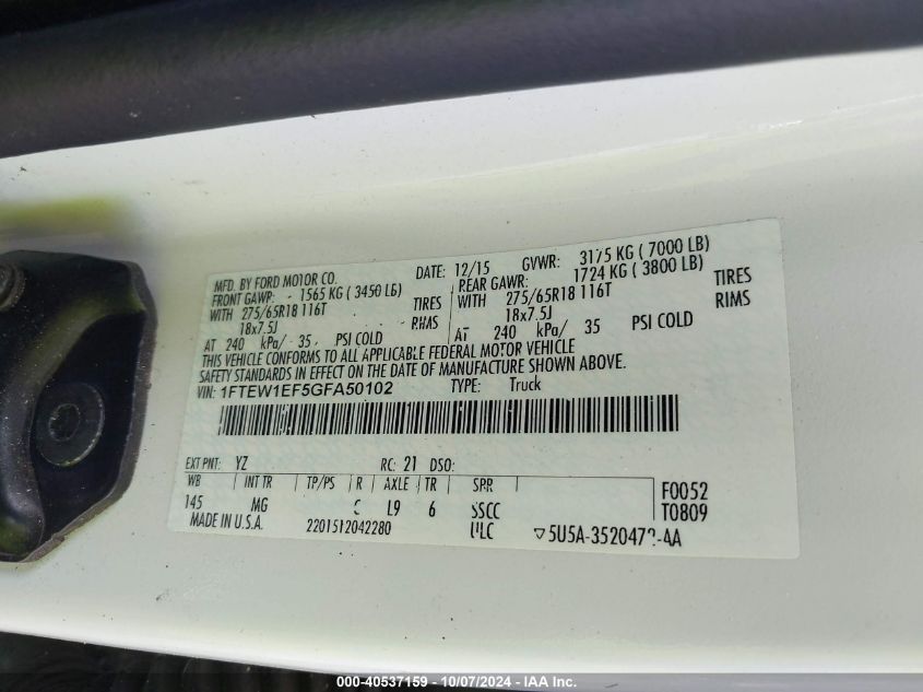 1FTEW1EF5GFA50102 2016 Ford F-150 Xlt