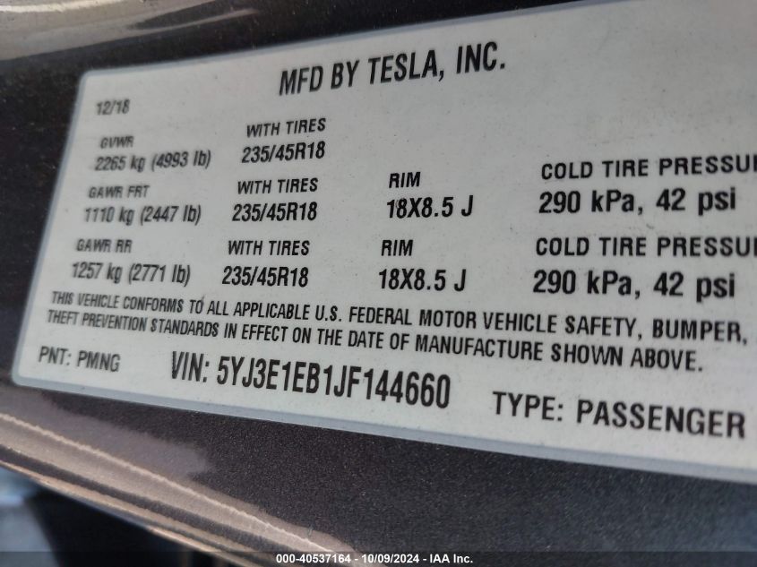 2018 TESLA MODEL 3 LONG RANGE/PERFORMANCE - 5YJ3E1EB1JF144660