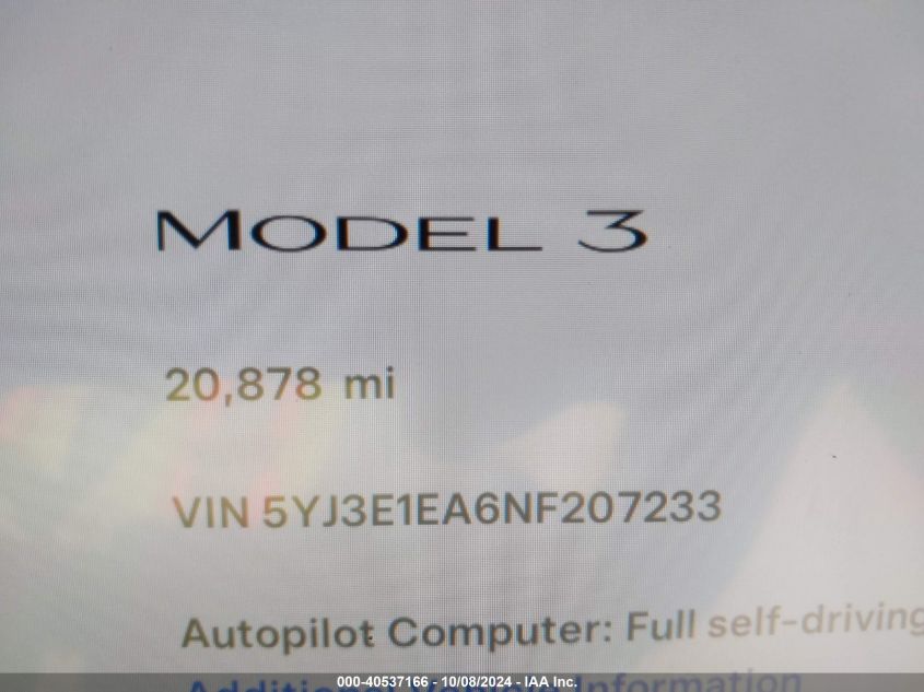 2022 Tesla Model 3 VIN: 5YJ3E1EA6NF207233 Lot: 40537166