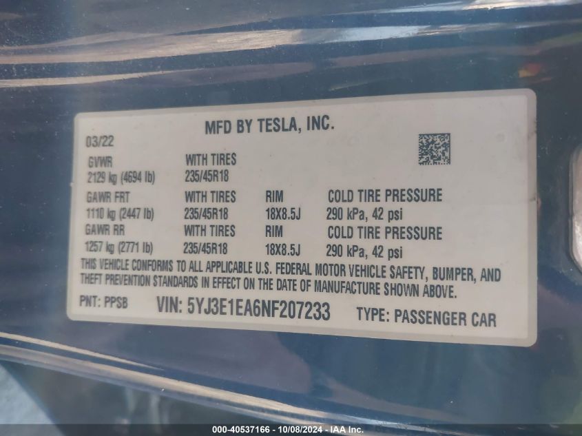 2022 Tesla Model 3 VIN: 5YJ3E1EA6NF207233 Lot: 40537166