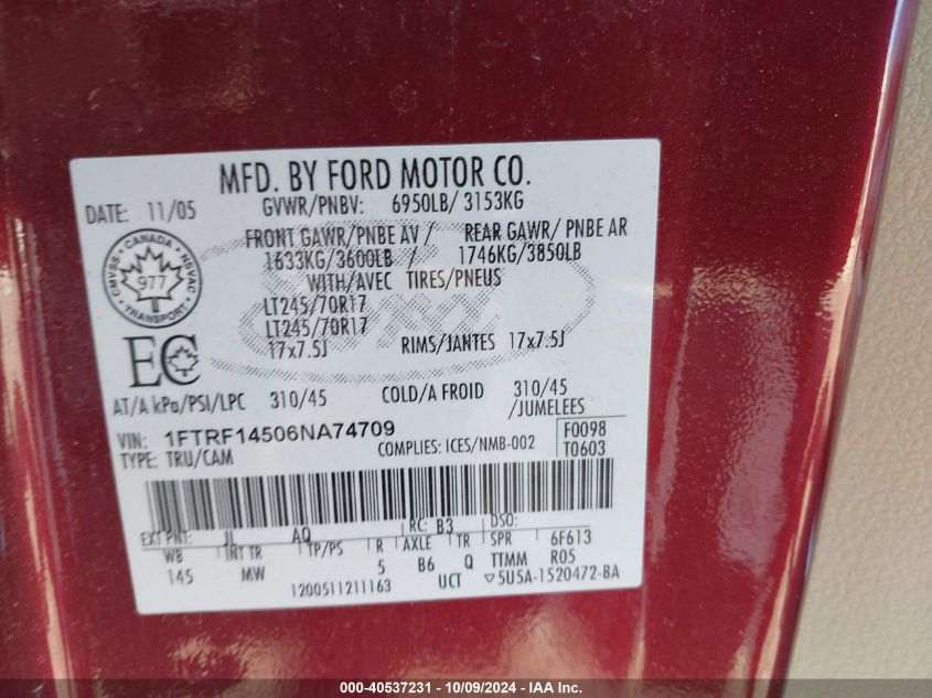 1FTRF14506NA74709 2006 Ford F-150