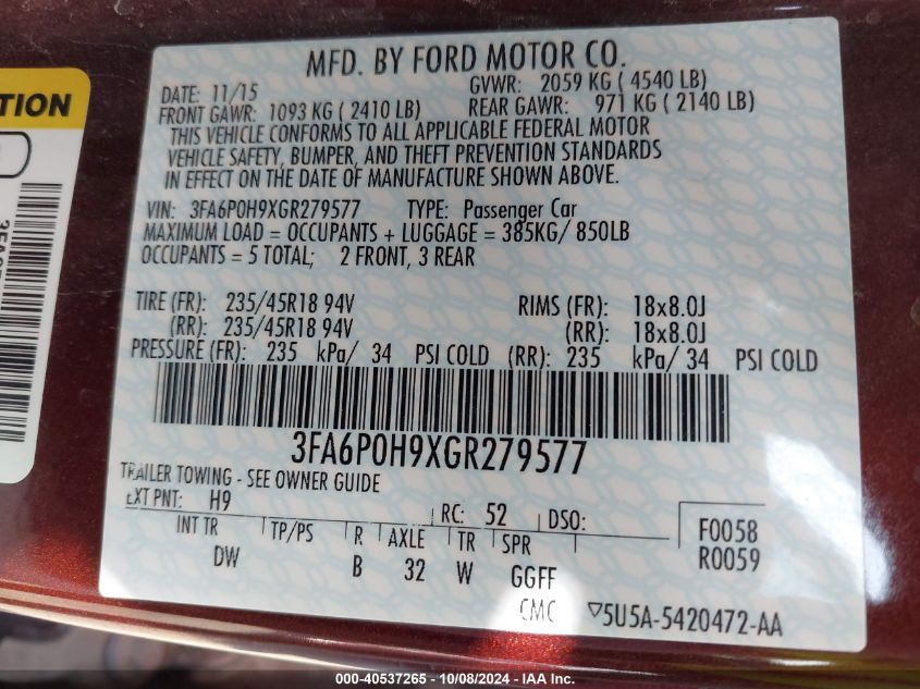 3FA6P0H9XGR279577 2016 Ford Fusion Se