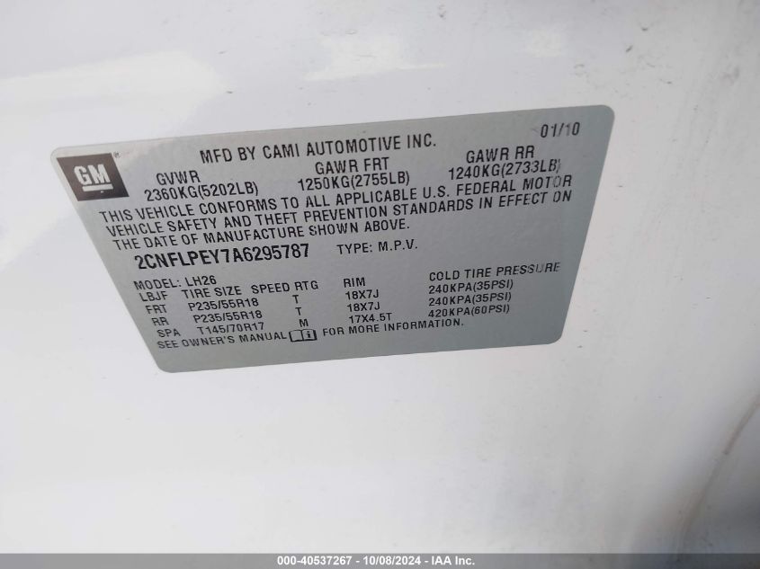 2CNFLPEY7A6295787 2010 Chevrolet Equinox Lt