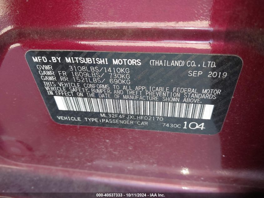 2020 Mitsubishi Mirage G4 Le VIN: ML32F4FJXLHF02170 Lot: 40537333