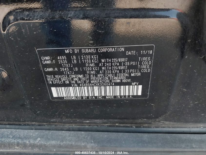 4S4BSAHCXK3260474 2019 Subaru Outback 2.5I Premium