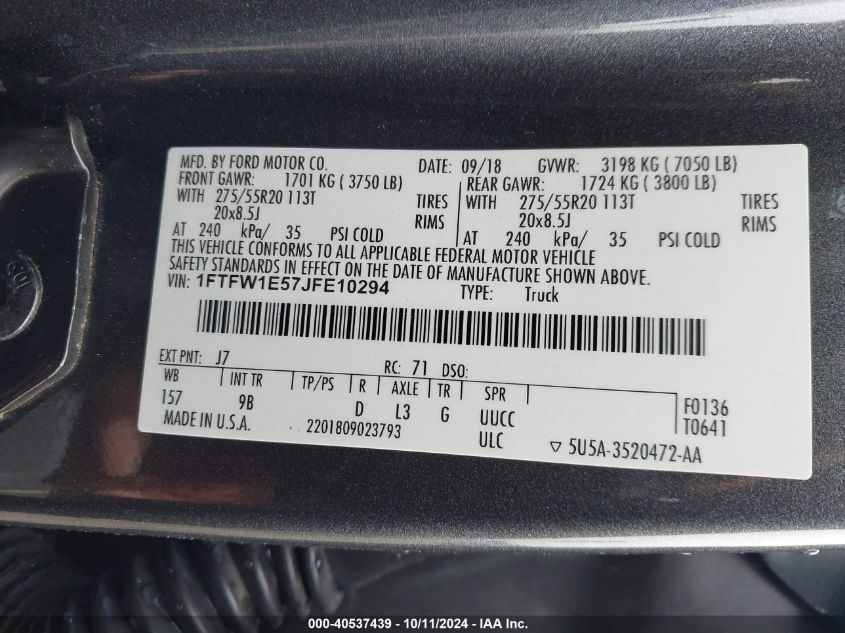 1FTFW1E57JFE10294 2018 Ford F-150 Platinum