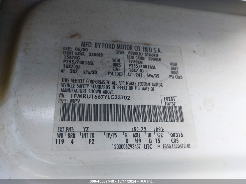 2000 Ford Expedition Xlt VIN: 1FMRU1667YLC33702 Lot: 40537440