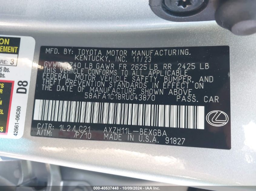 2024 Lexus Es 300H Ultra Luxury VIN: 58AFA1C18RU043870 Lot: 40891705