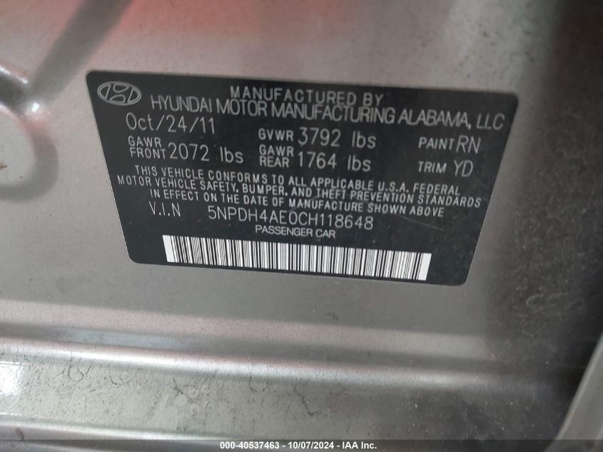 5NPDH4AE0CH118648 2012 Hyundai Elantra Gls