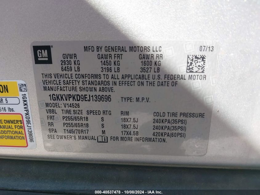 1GKKVPKD9EJ139696 2014 GMC Acadia Sle-2