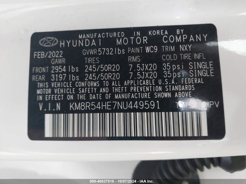 2022 Hyundai Palisade Limited VIN: KM8R54HE7NU449591 Lot: 40537518