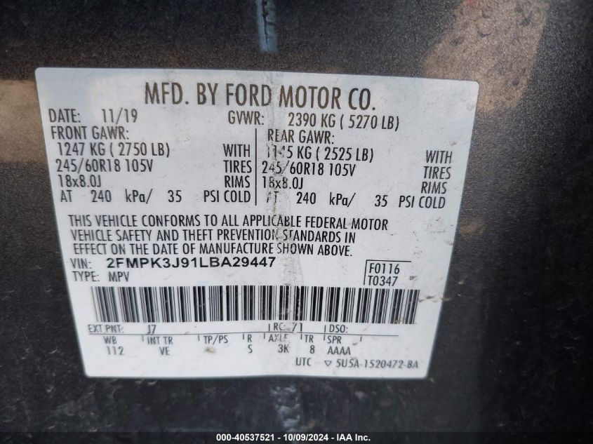 2020 Ford Edge Sel VIN: 2FMPK3J91LBA29447 Lot: 40537521