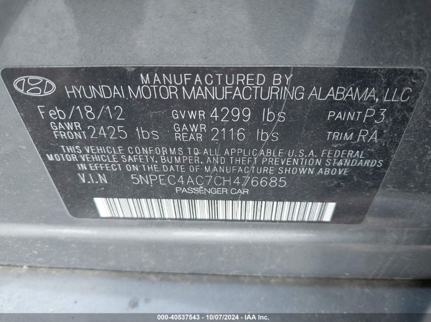 5NPEC4AC7CH476685 2012 Hyundai Sonata Limited