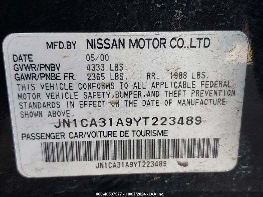 2000 Nissan Maxima Gle/Gxe/Se VIN: JN1CA31A9YT223489 Lot: 40537577