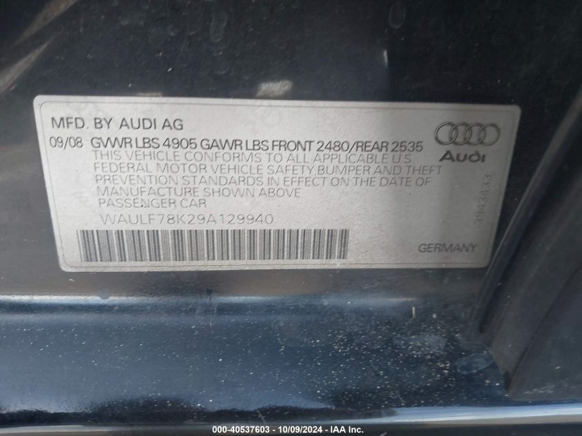 WAULF78K29A129940 2009 Audi A4 2.0T Quattro