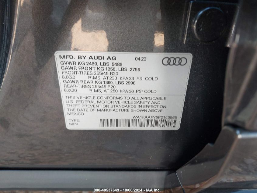 WA1FAAFY5P2143965 2023 Audi Q5 Prestige 45