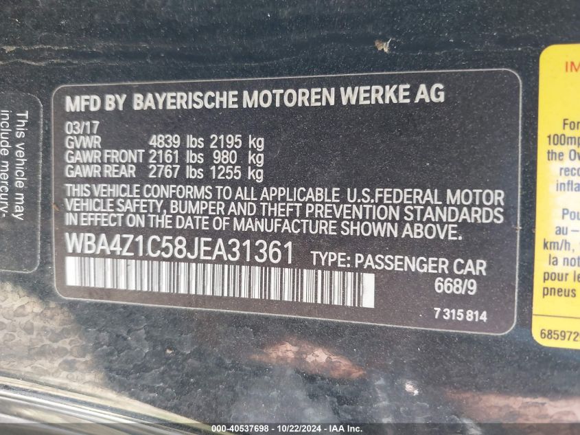 VIN WBA4Z1C58JEA31361 2018 BMW 430I no.9