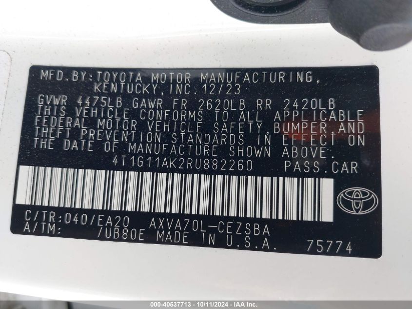 4T1G11AK2RU882260 2024 Toyota Camry Se