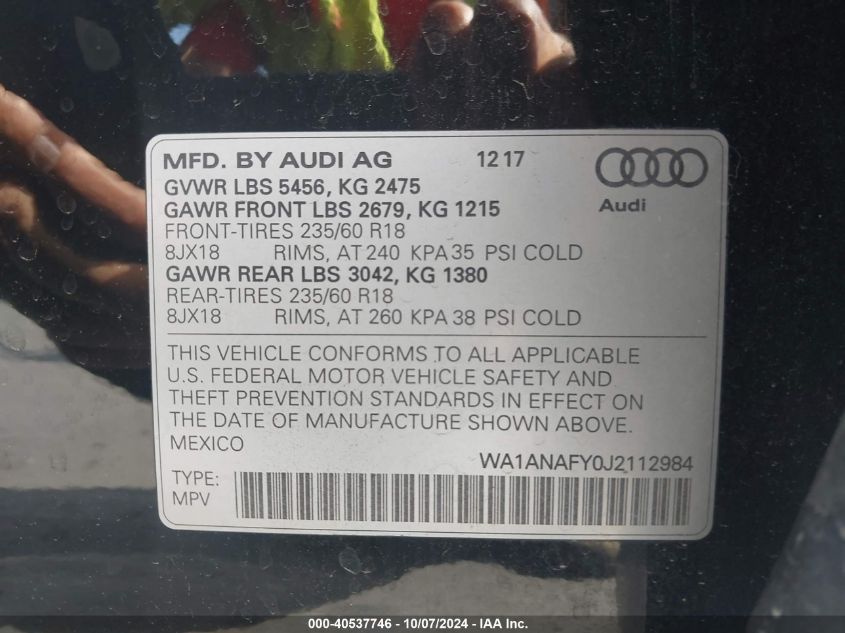 2018 Audi Q5 2.0T Premium/2.0T Tech Premium VIN: WA1ANAFY0J2112984 Lot: 40537746