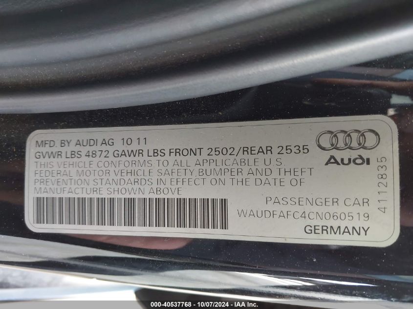 2012 Audi A6 2.0T Premium VIN: WAUDFAFC4CN060519 Lot: 40537768