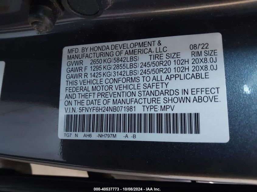 2022 Honda Pilot Awd Special Edition VIN: 5FNYF6H24NB071981 Lot: 40537773