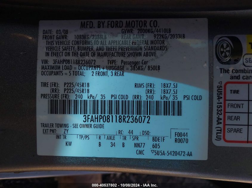 3FAHP08118R236072 2008 Ford Fusion Sel