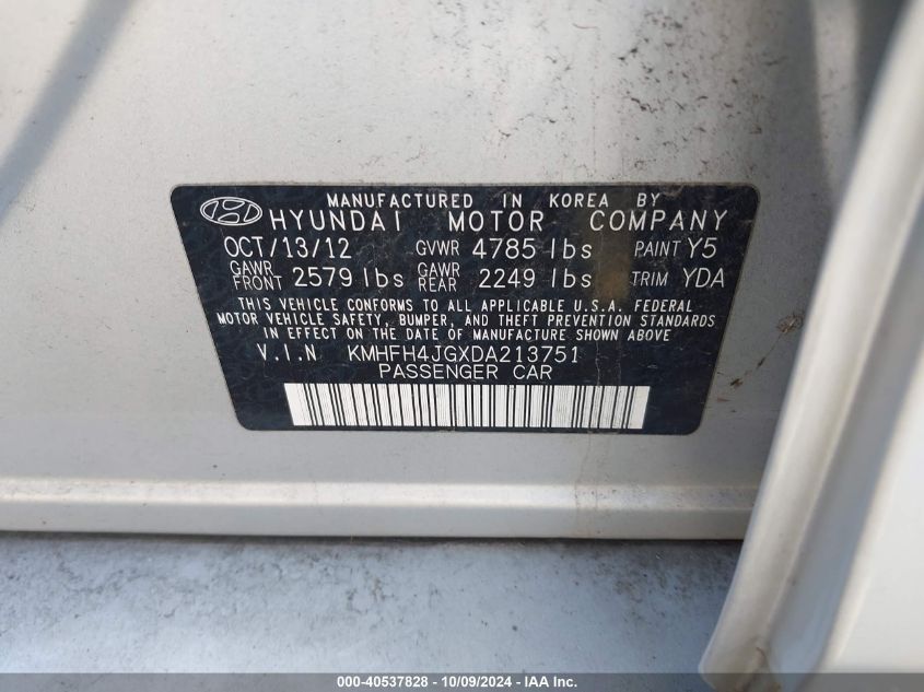 2013 Hyundai Azera VIN: KMHFH4JGXDA213751 Lot: 40537828