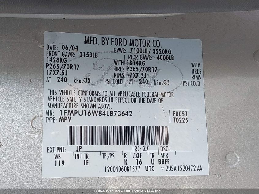 1FMPU16W84LB73642 2004 Ford Expedition Xlt