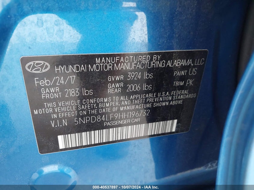 5NPD84LF9HH196732 2017 Hyundai Elantra Se