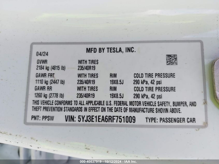 VIN 5YJ3E1EA6RF751009 2024 TESLA MODEL 3 no.9