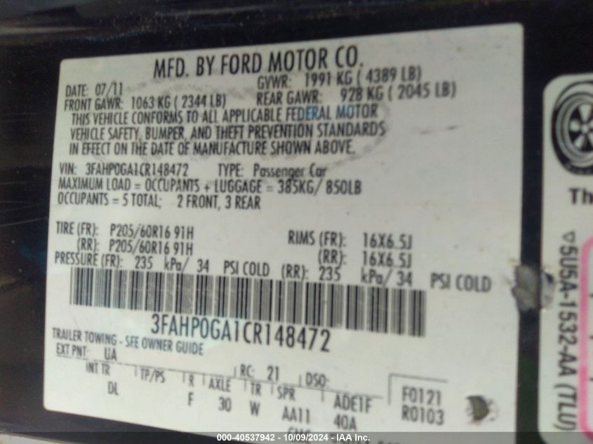 3FAHP0GA1CR148472 2012 Ford Fusion S